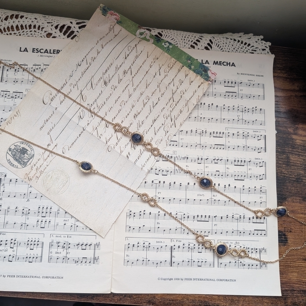 Long Goldtone Necklace with Blue Accents